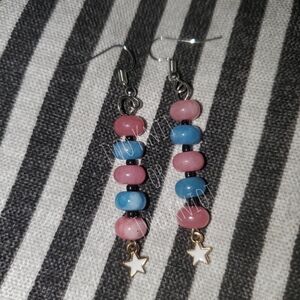 Hand Crafted Pink and Blue Beaded Earrings with Star Charms